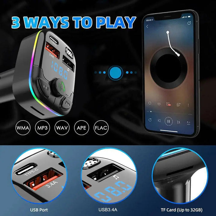 Bluetooth 5.0 Car  Transmitter PD Type-C Dual USB Ambient Player MP3