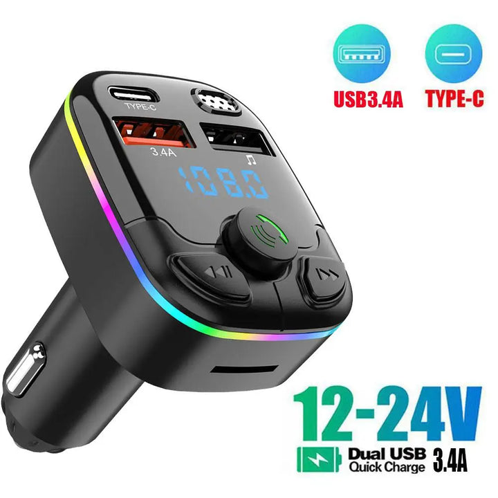 Bluetooth 5.0 Car  Transmitter PD Type-C Dual USB Ambient Player MP3